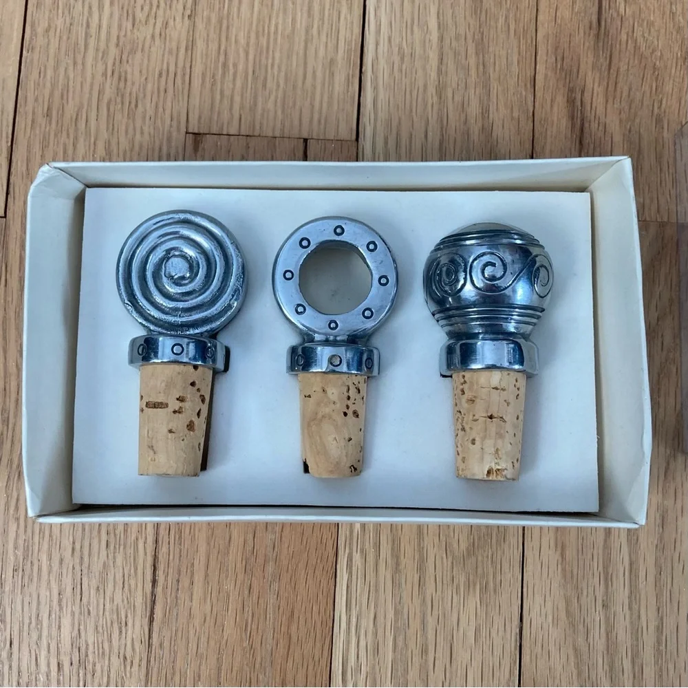 NWT Pier 1 Aluminum and Cork Boxed Bottle Stopper Set of 3
